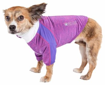 Pet Life Active 'Chewitt Wagassy' 4-Way Stretch Performance Long Sleeve Dog T-Shirt (Color: PURPLE, size: X-Large)