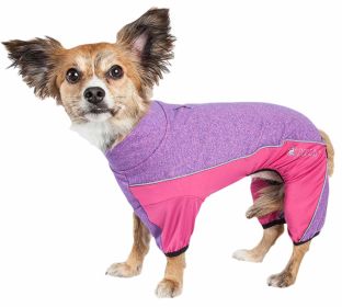 Pet Life Active 'Chase Pacer' Heathered Performance 4-Way Stretch Two-Toned Full Body Warm Up (Color: PURPLE, size: small)