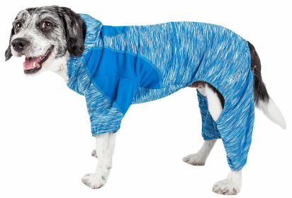 Pet Life Active 'Downward Dog' Heathered Performance 4-Way Stretch Two-Toned Full Body Warm Up Hoodie (Color: Blue, size: X-Small)